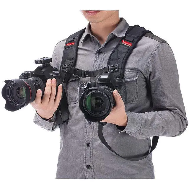 Alt view image 2 of 6 - Double Shoulder Camera Strap Harness Quick Release Adjustable Dual Camera Tether Strap for DSLR SLR Camera (focus)