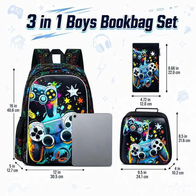 Alt view image 4 of 7 - 3PCS Boys Backpack, 16" Game Kids Bookbag and Lunch Box, Water Resistant Preschool Backpacks for Elementary Students