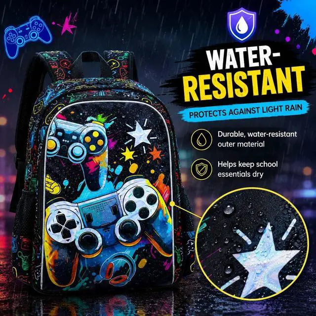 Alt view image 3 of 7 - 3PCS Boys Backpack, 16" Game Kids Bookbag and Lunch Box, Water Resistant Preschool Backpacks for Elementary Students