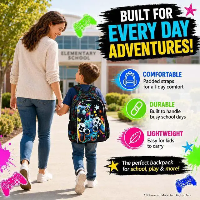 Alt view image 5 of 7 - 3PCS Boys Backpack, 16" Game Kids Bookbag and Lunch Box, Water Resistant Preschool Backpacks for Elementary Students