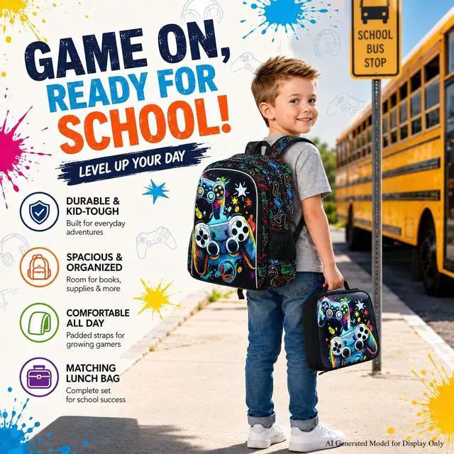 Alt view image 6 of 7 - 3PCS Boys Backpack, 16" Game Kids Bookbag and Lunch Box, Water Resistant Preschool Backpacks for Elementary Students