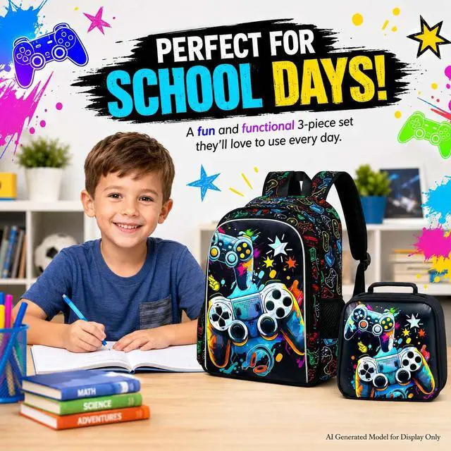 Alt view image 7 of 7 - 3PCS Boys Backpack, 16" Game Kids Bookbag and Lunch Box, Water Resistant Preschool Backpacks for Elementary Students