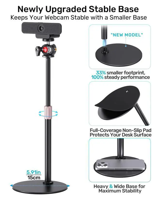Alt view image 3 of 7 - Webcam Tripod Stand for Desk, Small Base, 360° Ballhead, Height Adjustable
