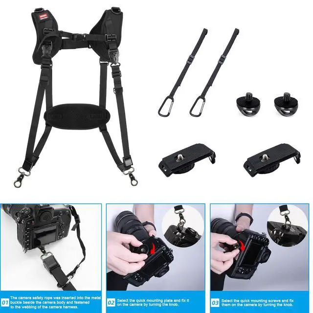 Alt view image 6 of 7 - Quick Release Dual Camera Harness With Camera Safety Tether Double Shoulder Camera Strap for 2 Cameras Adjustable Length, Camera Straps for Photographers Camera Belt for DSLR SLR Camera (Style-A)