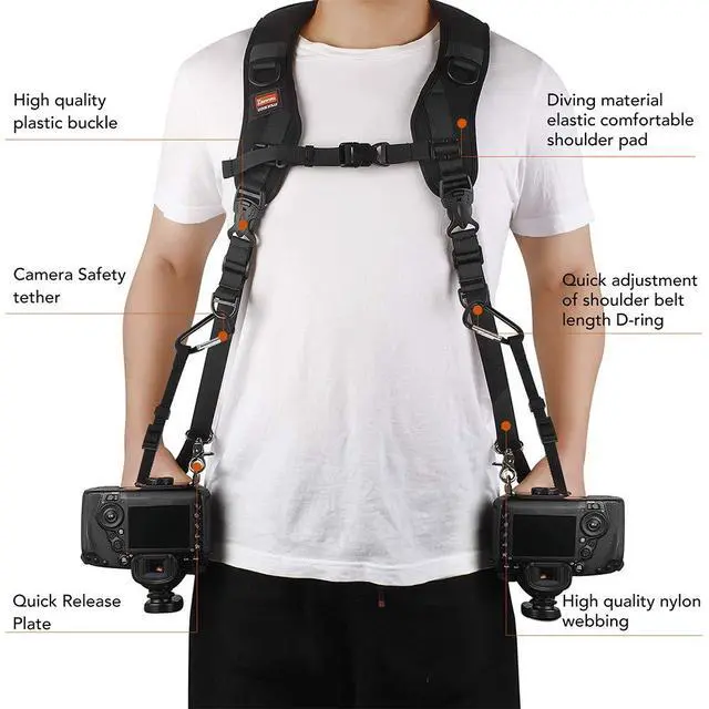 Alt view image 6 of 7 - Camera Strap Double Shoulder Camera Strap Harness Quick Release Adjustable Dual Camera Tether Strap with Safety Tether and Lens Cleaning Cloth for DSLR SLR Camera