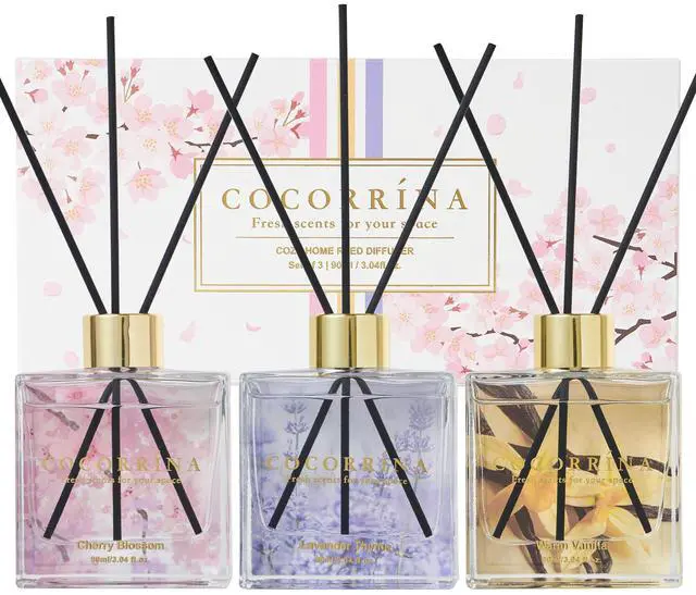 Main image of Reed Diffuser Set of 3-3 Pack/ 3.04 Fl.oz Diffuser with 24 Sticks Warm Vanilla/Cherry Blossom/Lavender Thyme Reed Diffuser for Home Bathroom Office Shelf Decor
