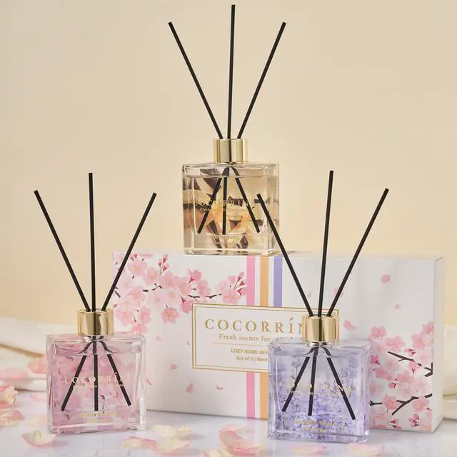 Alt view image 2 of 6 - Reed Diffuser Set of 3-3 Pack/ 3.04 Fl.oz Diffuser with 24 Sticks Warm Vanilla/Cherry Blossom/Lavender Thyme Reed Diffuser for Home Bathroom Office Shelf Decor