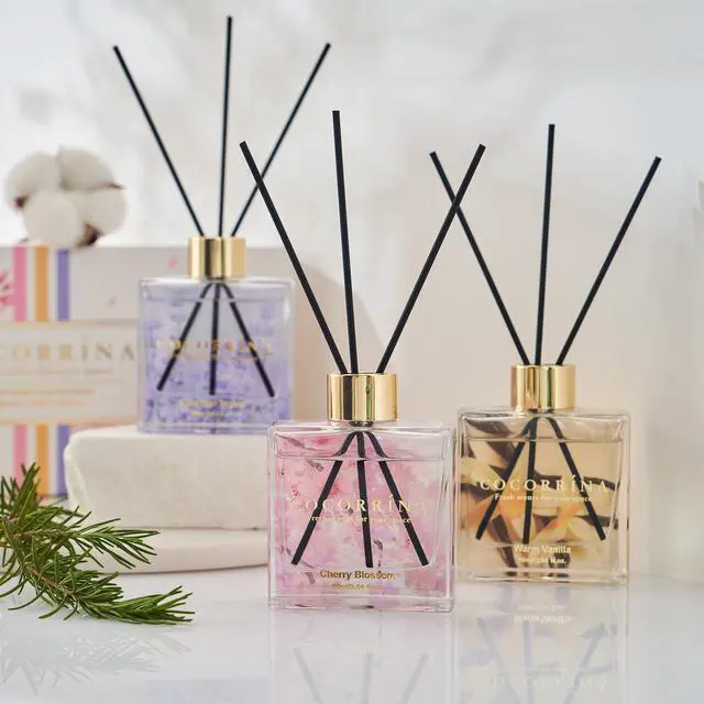 Alt view image 3 of 6 - Reed Diffuser Set of 3-3 Pack/ 3.04 Fl.oz Diffuser with 24 Sticks Warm Vanilla/Cherry Blossom/Lavender Thyme Reed Diffuser for Home Bathroom Office Shelf Decor