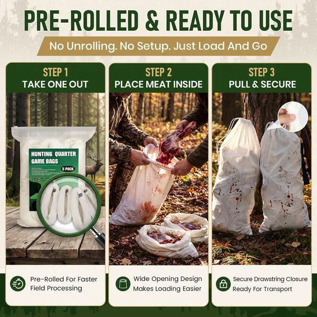 Alt view image 3 of 7 - Bags Elk, 48in Hunting Meat Bags, 5-Pack Rolled Quarter Bag For Deer