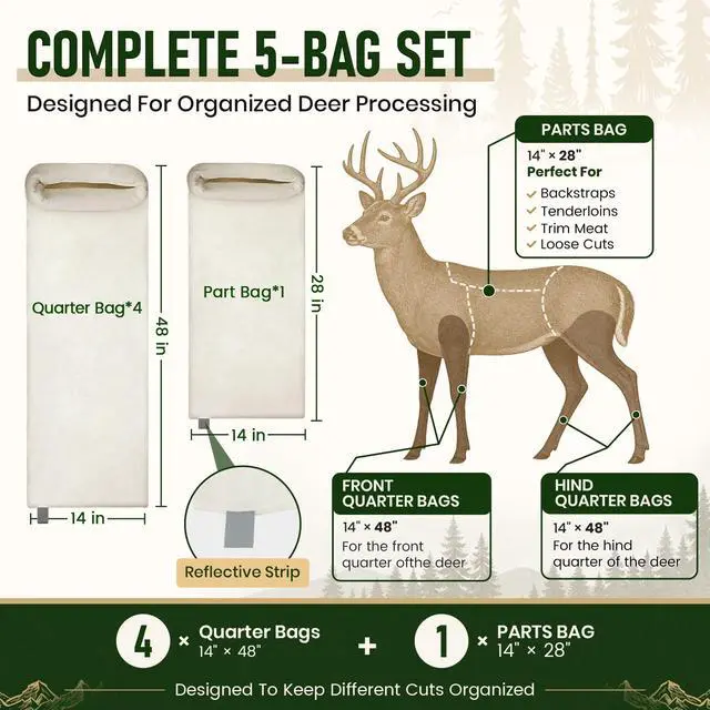 Alt view image 5 of 7 - Bags Elk, 48in Hunting Meat Bags, 5-Pack Rolled Quarter Bag For Deer