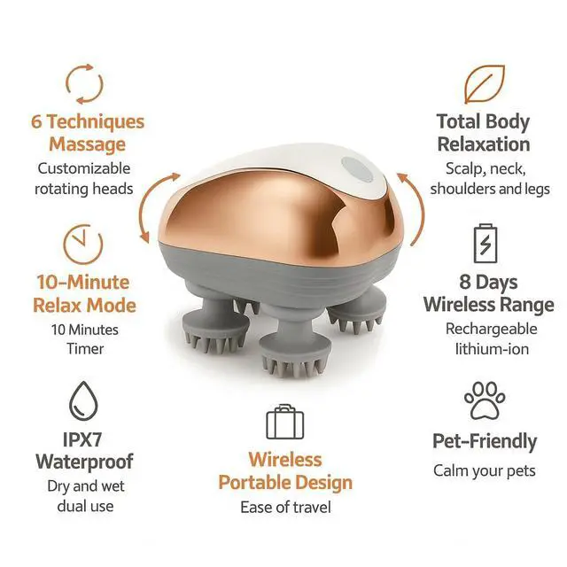 Alt view image 2 of 7 - Electric Scalp Massager for Hair Growth & Stress Relief Gift for Women, Men, Parents & Pets Cordless Waterproof Head Massager with 96 Kneading Nodes (White)