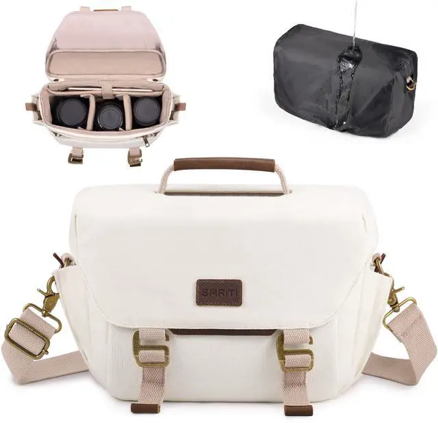Main image of Canvas Camera Bag Small- DSLR/SLR Waterproof Camera Bag for Canon/Sony/Nikon/Fuji, Cute Camera Sling Bag with Rain Cover, Travel Crossbody Camera Case Bag for Women Men Photographer (White)