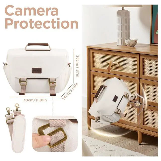 Alt view image 2 of 6 - Canvas Camera Bag Small- DSLR/SLR Waterproof Camera Bag for Canon/Sony/Nikon/Fuji, Cute Camera Sling Bag with Rain Cover, Travel Crossbody Camera Case Bag for Women Men Photographer (White)