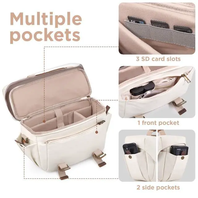 Alt view image 5 of 6 - Canvas Camera Bag Small- DSLR/SLR Waterproof Camera Bag for Canon/Sony/Nikon/Fuji, Cute Camera Sling Bag with Rain Cover, Travel Crossbody Camera Case Bag for Women Men Photographer (White)
