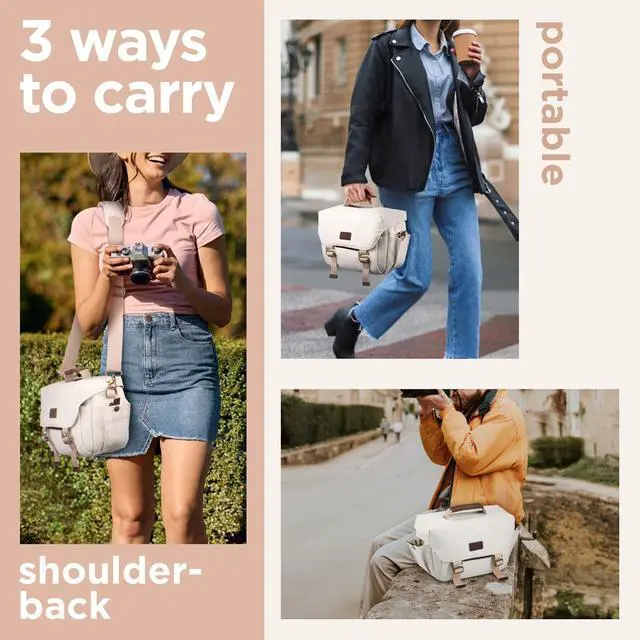 Alt view image 6 of 6 - Canvas Camera Bag Small- DSLR/SLR Waterproof Camera Bag for Canon/Sony/Nikon/Fuji, Cute Camera Sling Bag with Rain Cover, Travel Crossbody Camera Case Bag for Women Men Photographer (White)