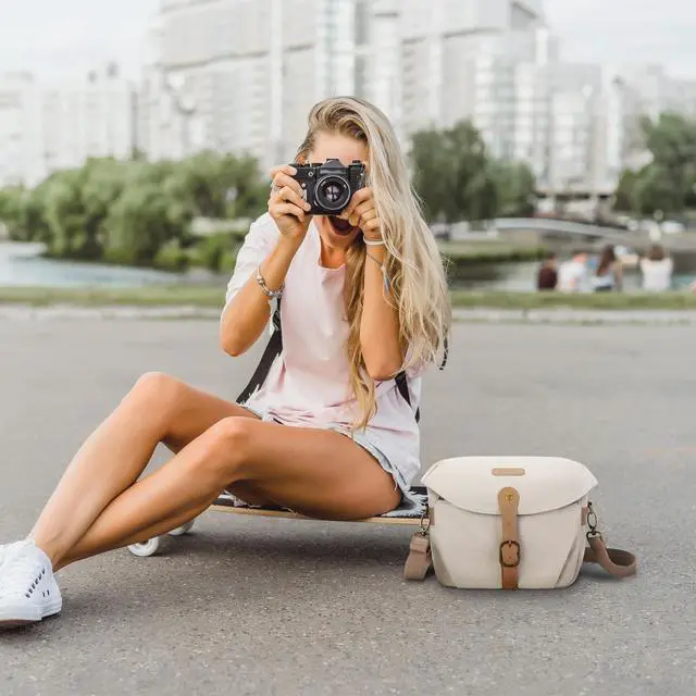 Alt view image 6 of 7 - Canvas Crossbody Camera Bag with Rain Cover Women Men, Ivory White