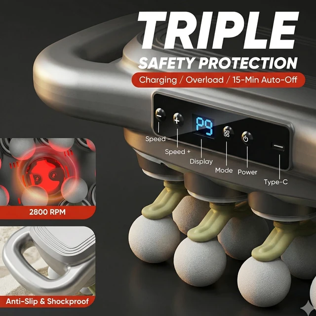Alt view image 5 of 7 - Dual-Handle Percussion Body Massager with 16 Heads, 9 Speeds
