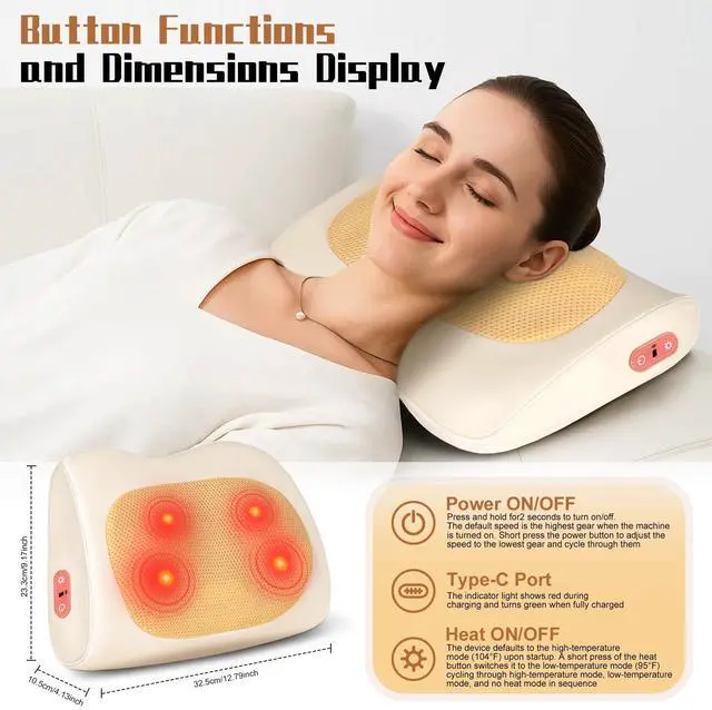Alt view image 2 of 7 - Shiatsu Back and Neck Massager with Heat,3D Electric Kneading Deep Tissue Massage Pillow for Muscle Pain Relief,Cordless Portable Massage for Neck,Shoulder,Leg,Back,Use for Home,Car,Office,Travel