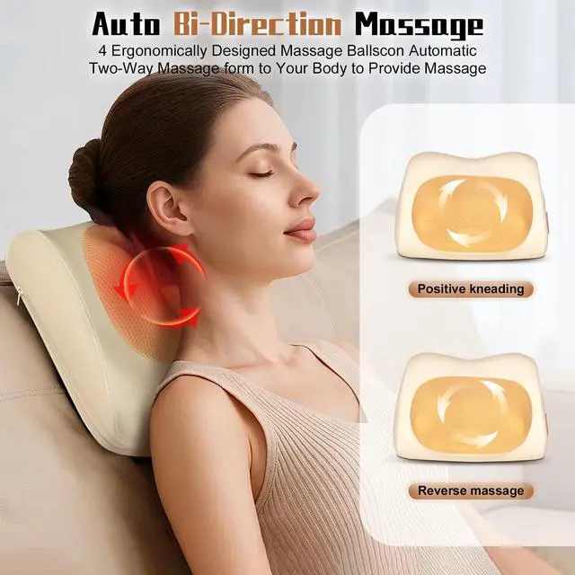 Alt view image 3 of 7 - Shiatsu Back and Neck Massager with Heat,3D Electric Kneading Deep Tissue Massage Pillow for Muscle Pain Relief,Cordless Portable Massage for Neck,Shoulder,Leg,Back,Use for Home,Car,Office,Travel