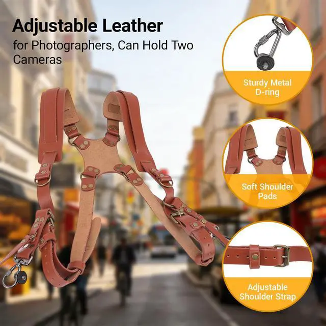 Alt view image 3 of 7 - Double Camera Harness, Quick Release Adjustable Leather Camera Harness for Photographers, Can Hold Two Cameras (Brown)