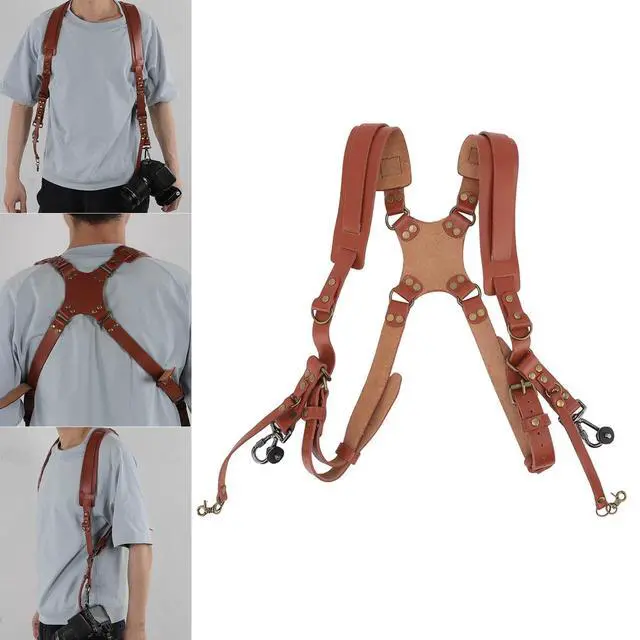 Alt view image 6 of 7 - Double Camera Harness, Quick Release Adjustable Leather Camera Harness for Photographers, Can Hold Two Cameras (Brown)