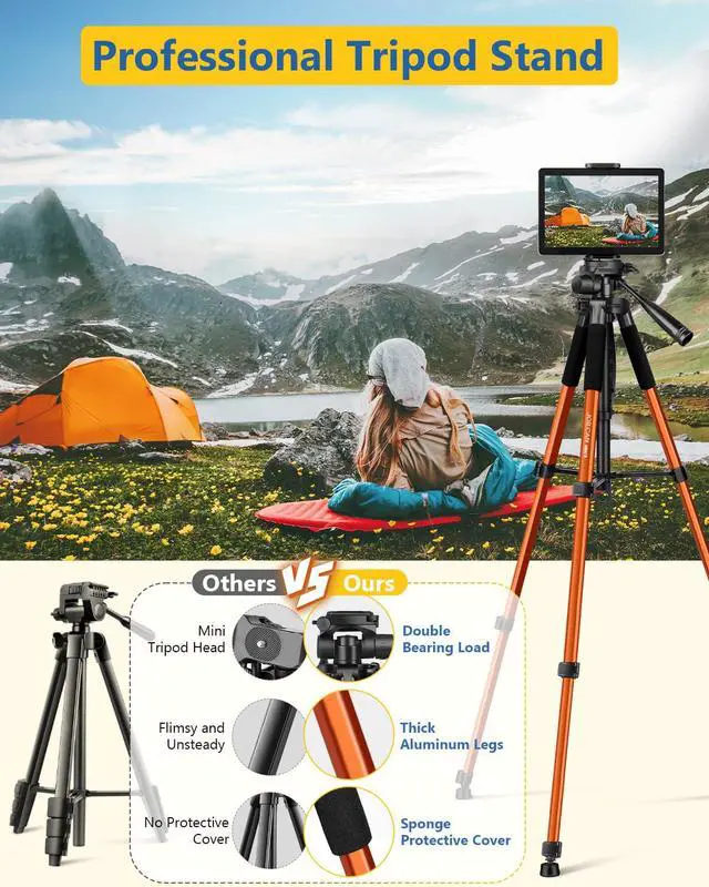 Alt view image 2 of 7 - 67" Phone iPad Tripod, Professional Camera Tripod