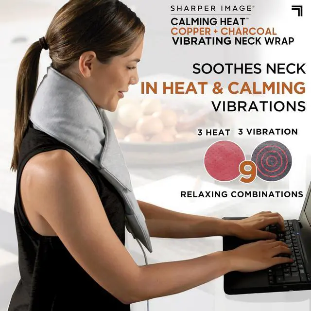 Alt view image 2 of 7 - Heat Neck Wrap by Sharper Image Copper & Charcoal Infused Personal Electric Neck Heating Pad with Vibrations, 3 Heat & 3 Vibration Settings- 9 Relaxing Combinations