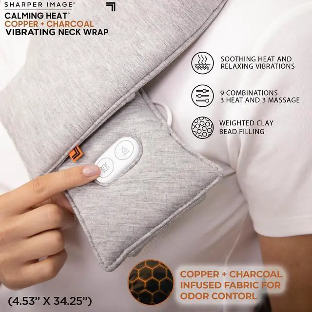 Alt view image 4 of 7 - Heat Neck Wrap by Sharper Image Copper & Charcoal Infused Personal Electric Neck Heating Pad with Vibrations, 3 Heat & 3 Vibration Settings- 9 Relaxing Combinations