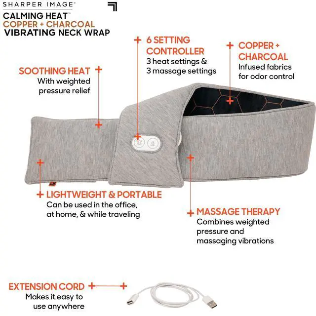 Alt view image 3 of 7 - Heat Neck Wrap by Sharper Image Copper & Charcoal Infused Personal Electric Neck Heating Pad with Vibrations, 3 Heat & 3 Vibration Settings- 9 Relaxing Combinations