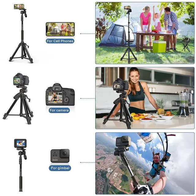 Alt view image 2 of 7 - 69" Camera Tripod with 3-Way Swivel Head, Aluminum Camera Stand