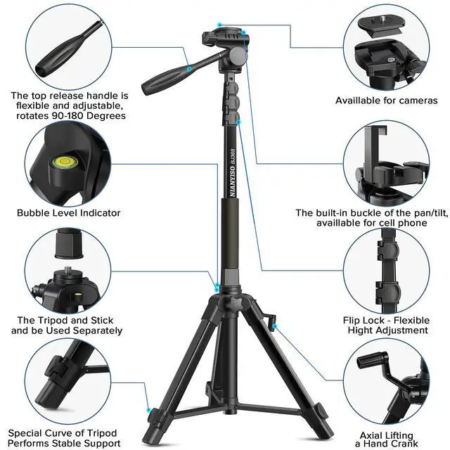 Alt view image 5 of 7 - 69" Camera Tripod with 3-Way Swivel Head, Aluminum Camera Stand