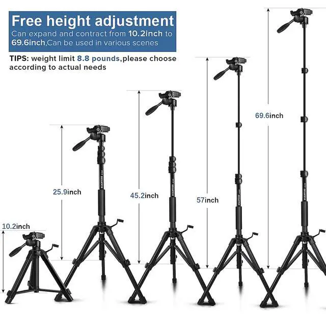 Alt view image 7 of 7 - 69" Camera Tripod with 3-Way Swivel Head, Aluminum Camera Stand