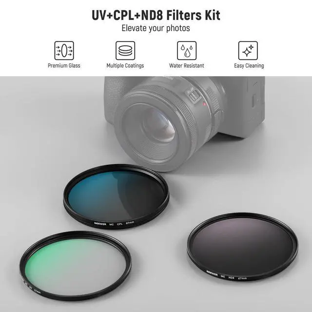 Alt view image 2 of 7 - 67mm UV/CPL/ND Lens Filter Kit, UV Protection + Circular Polarizing + Neutral Density (ND8) Camera Lens Filter Set with Multicoated Optical Glass, Slim Frame & Upgraded Foldable Storage Case