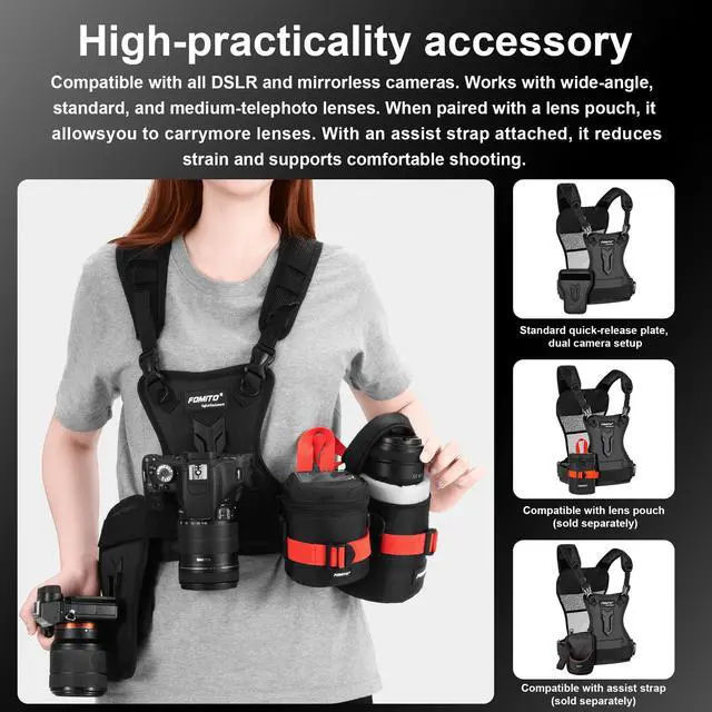 Alt view image 3 of 7 - Dual Camera Chest Harness System, Professional Photography Vest with Side Holster, Gray