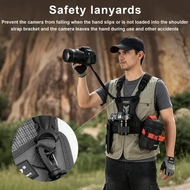 Alt view image 5 of 7 - Dual Camera Chest Harness System, Professional Photography Vest with Side Holster, Gray