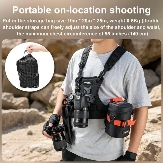 Alt view image 7 of 7 - Dual Camera Chest Harness System, Professional Photography Vest with Side Holster, Gray