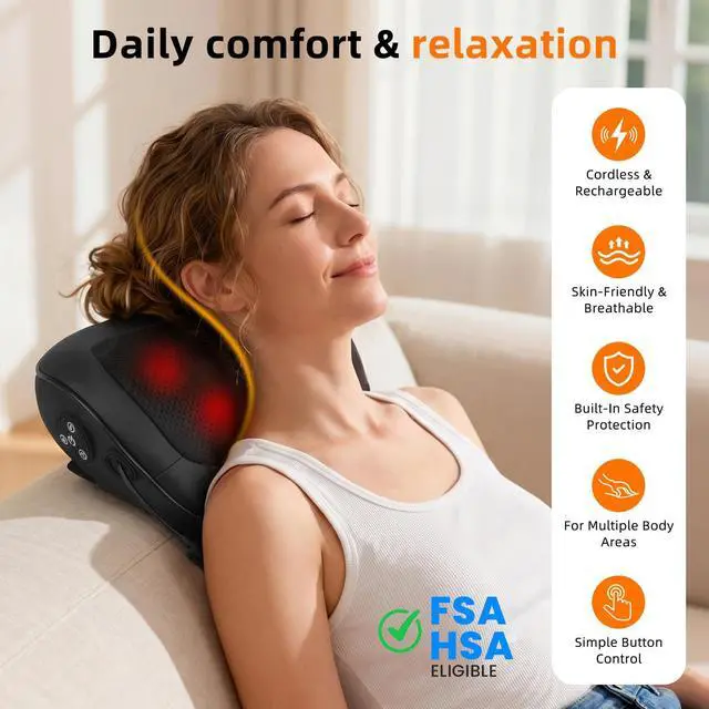 Alt view image 2 of 6 - FSA Eligible Shiatsu Neck and Shoulder Massager for Neck Pain Relief - Electric Neck Shoulder Massager with Heat, 3D Kneading Portable & Rechargeable, Relaxation Gifts for Mom Women Men Dad
