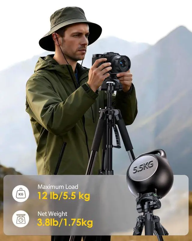 Alt view image 3 of 7 - 74" Camera Tripod with Phone Holder and Remote, Heavy Duty Tripod Stand with Portable Bag for Phone and Camera, Compatible with DSLR Cameras, Cell Phones, Spotting Scopes and Binoculars