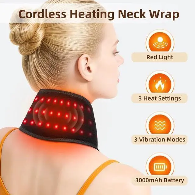 Alt view image 2 of 7 - Cordless Neck Heating Pad for Pain, Neck Massager with 660nm 850nm Red Light, Heated Neck Wrap with 3000mAh Rechargeable, 3 Levels Heat & Massage, Black