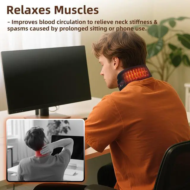 Alt view image 6 of 7 - Cordless Neck Heating Pad for Pain, Neck Massager with 660nm 850nm Red Light, Heated Neck Wrap with 3000mAh Rechargeable, 3 Levels Heat & Massage, Black