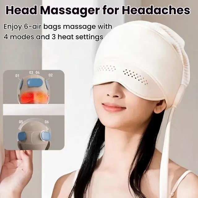 Alt view image 3 of 7 - Head Massager for Headaches with Cap, Electric Migraine Relief Cap Massager, Eye & Head Massagers with 6 Airbags and 3 Heat Modes, Stress Relief, Relaxation