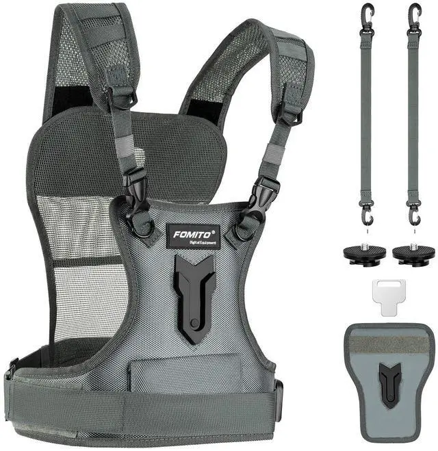 Main image of Dual Camera Chest Harness System, Professional Photography Vest with Side Holster, Gray