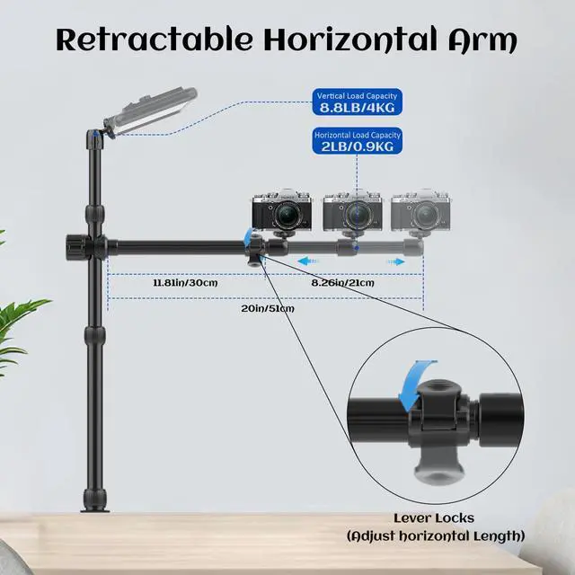 Alt view image 4 of 6 - Overhead Camera Mount Desk Stand, 15.75"-33.45" Webcam Mount with 2-Section Adjustable Telescopic Boom Arm, C Clamp/Swiveling Ball Head for DSLR Camera, Ring Light, Webcam