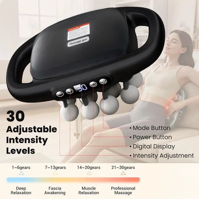 Alt view image 2 of 7 - 16-Head Deep Tissue Massage Gun Professional Percussion Massager with 30 Intensities & Quiet Motor | Portable Muscle Massager for Pain Relief, Neck, Back, Shoulders & Legs (Black)