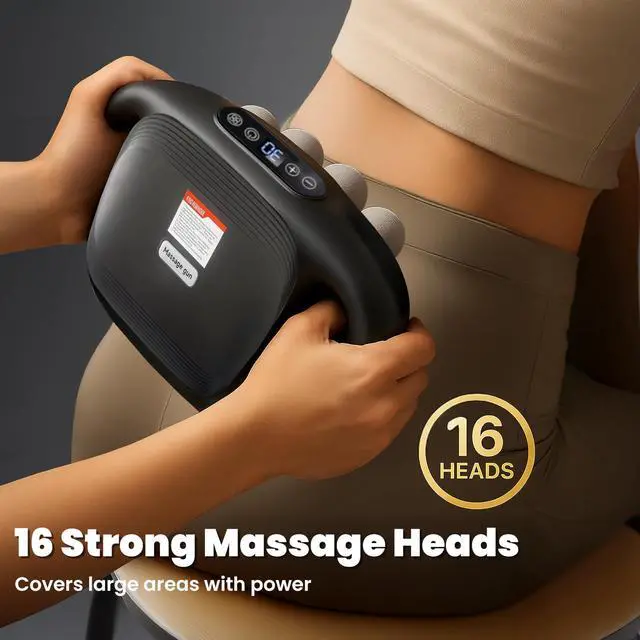 Alt view image 5 of 7 - 16-Head Deep Tissue Massage Gun Professional Percussion Massager with 30 Intensities & Quiet Motor | Portable Muscle Massager for Pain Relief, Neck, Back, Shoulders & Legs (Black)