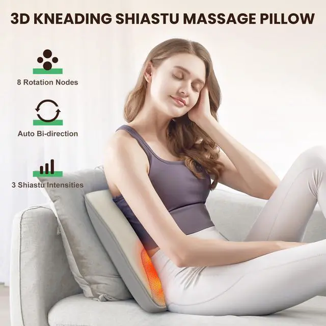 Alt view image 3 of 7 - Shiatsu Back Neck Massager with Heat, Back Pain Relief Deep Tissue,Neck Massage Pillow with Kneading Vibration,Gifts for Men Women