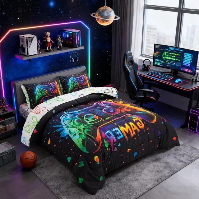 Alt view image 2 of 7 - Twin Size Gaming Console Bed in A Bag 5 Pieces for Boys