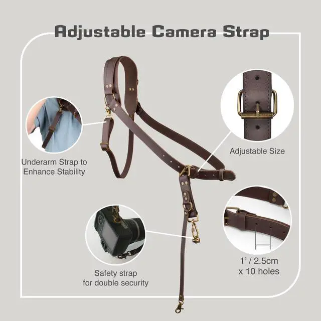 Alt view image 2 of 7 - Leather Camera Harness for One Camera,Single Leather Camera Strap for Photographers,Camera Shoulder Strap Camera Harness for Photographers Quick Release Gear DSLR,BROWN
