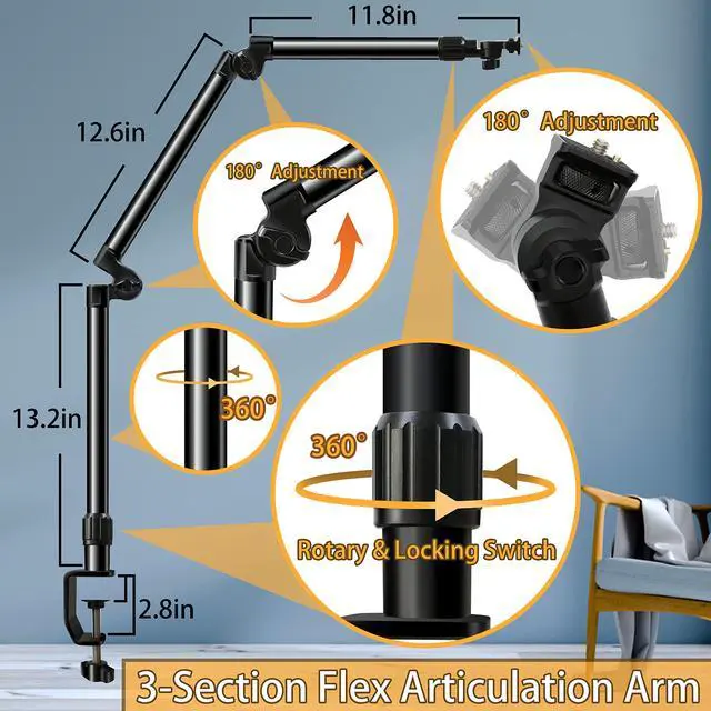 Alt view image 2 of 6 - Overhead Camera Mount Desk Stand, Bearing 18lb, Base& Top 360° Adjustable, with 1/4 3/8" 5/8" Screw, 3-Section Flexible Articulating Metal Arm for DSLR Camera/Webcam