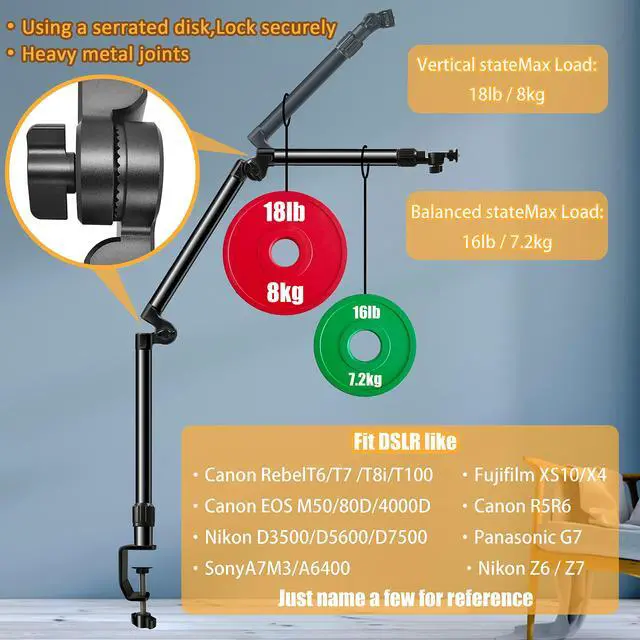 Alt view image 3 of 6 - Overhead Camera Mount Desk Stand, Bearing 18lb, Base& Top 360° Adjustable, with 1/4 3/8" 5/8" Screw, 3-Section Flexible Articulating Metal Arm for DSLR Camera/Webcam